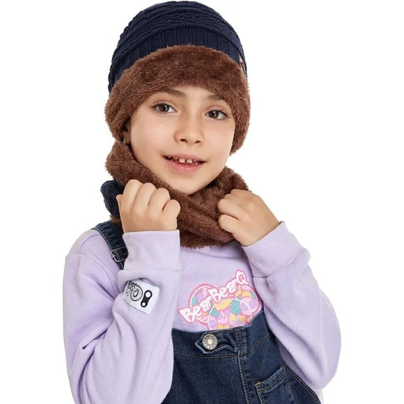 Kids Boys Girls Winter Warm Knit  Beanie Hat Cap Neck Scarf Set with Fleece - Picture 6 of 6